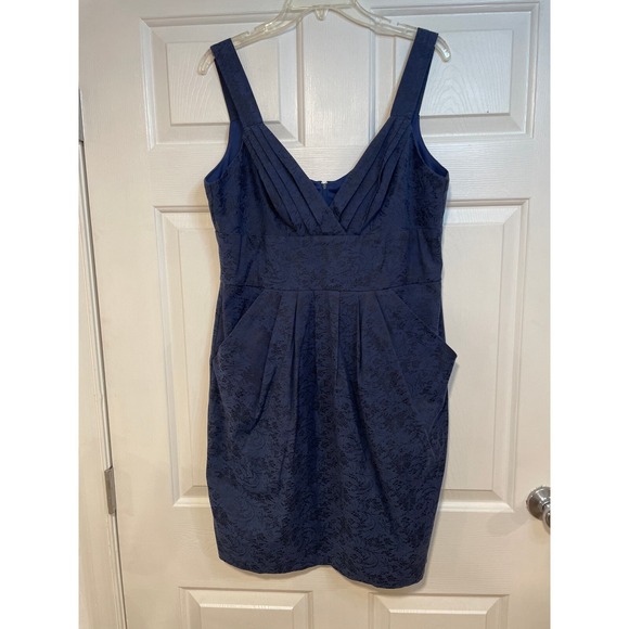 Vintage 90s Pleated Tank Navy Blue Black Lace‎ Print Mini Dress XL Pockets Bisou - Picture 2 of 6